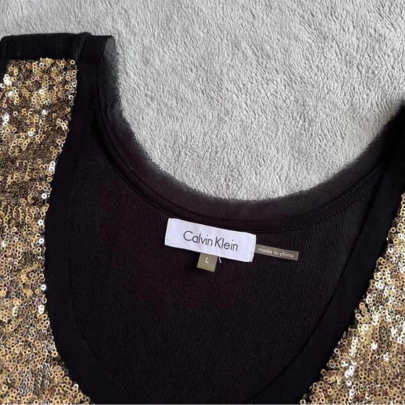 Calvin Klein Sequin Sleeveless Holiday Party Ribbed Tank Top Gold Black Large - Picture 3 of 10